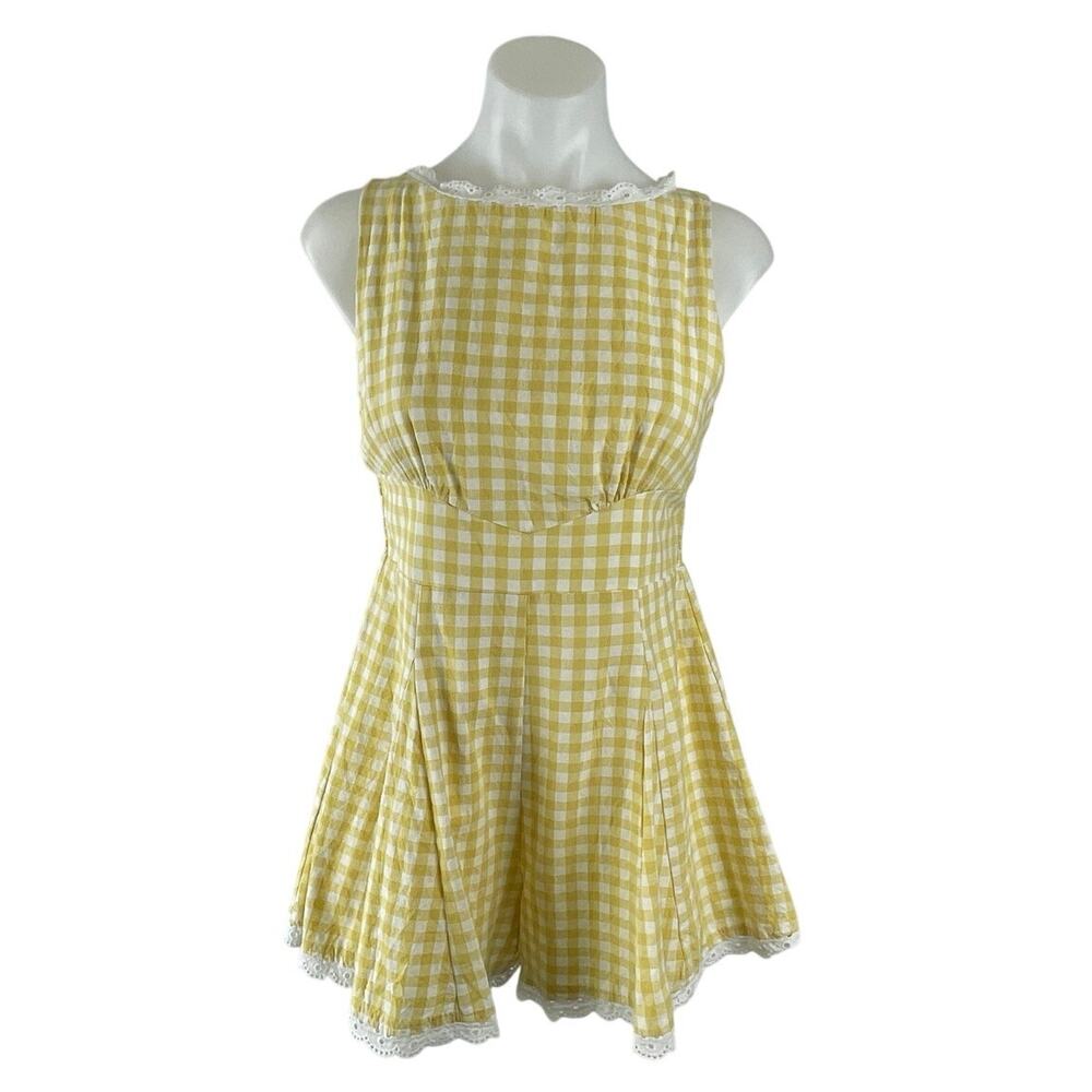 Sky to Moon Gingham Check Plaid Boat Neck Sleeveless Mini Tank Jumpsuit Romper M